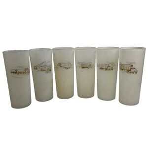 Vintage Rare Lot 6 Glass Frosted White Gold Etching Semi Trailer Crane Big Rig‎